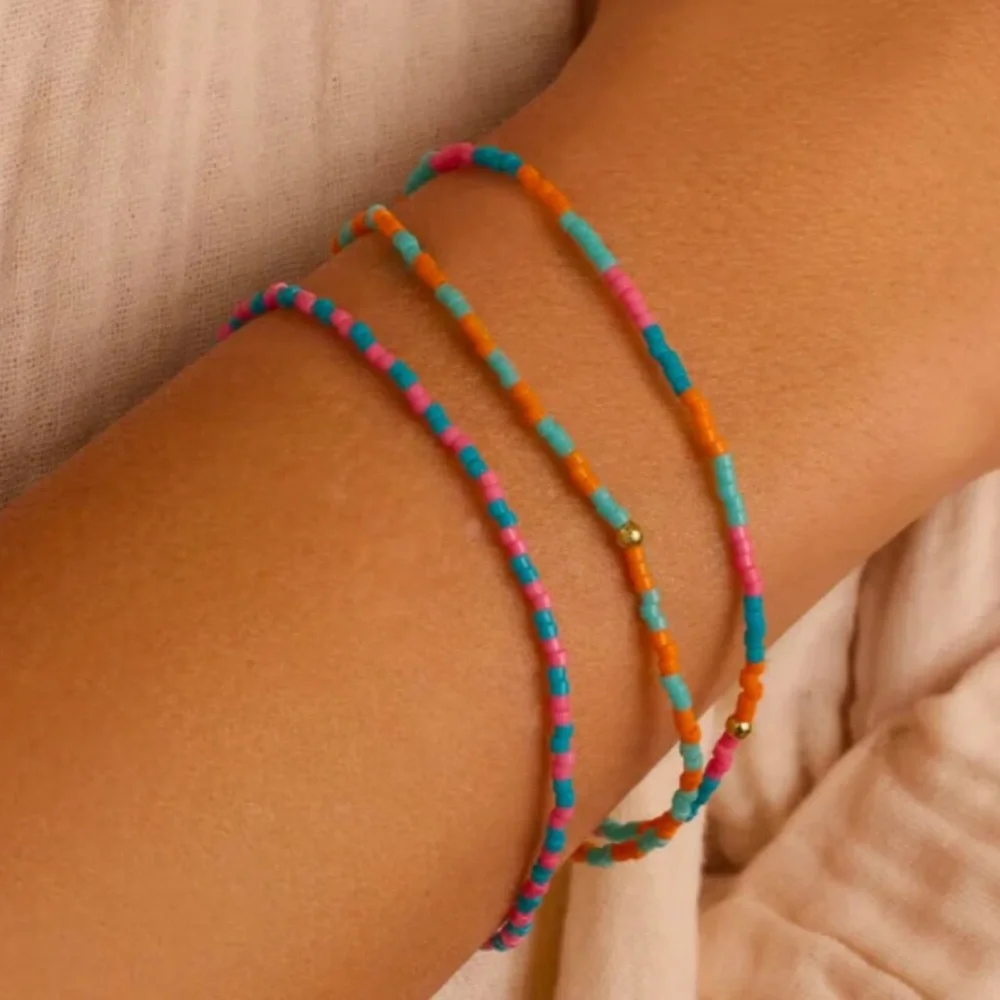 GORJANA Miami Gigi Striped Glass Beaded Bracelets Set of 3 Orange Pink Blue Aqua - Picture 2 of 8